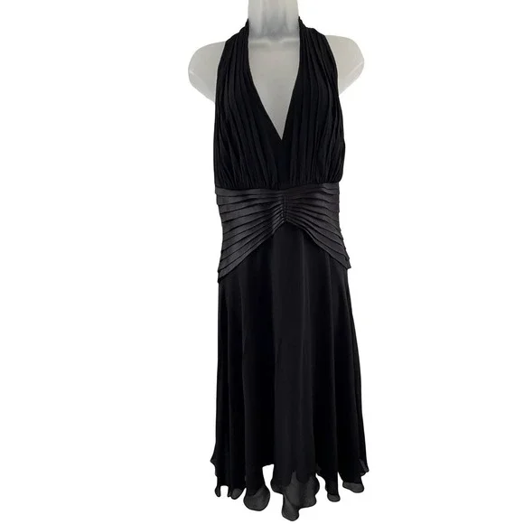 Vintage Tadashi Dress Womens 10 Black Silk Halter Pleated Y2K Gown Whimsigoth - Picture 2 of 16